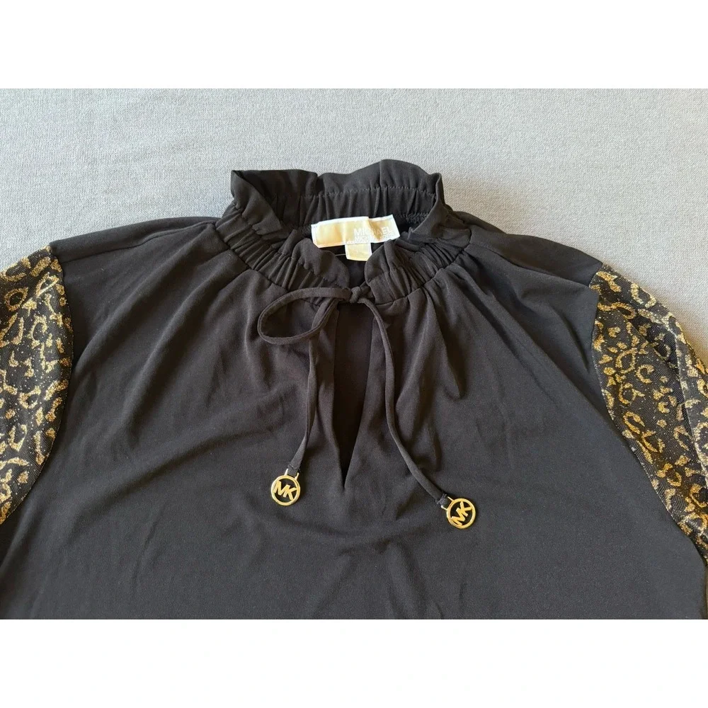 NEW Michael Kors Blouse Black Gold Leopard Print Ruffle Tie Neck Long Sleeve Lrg